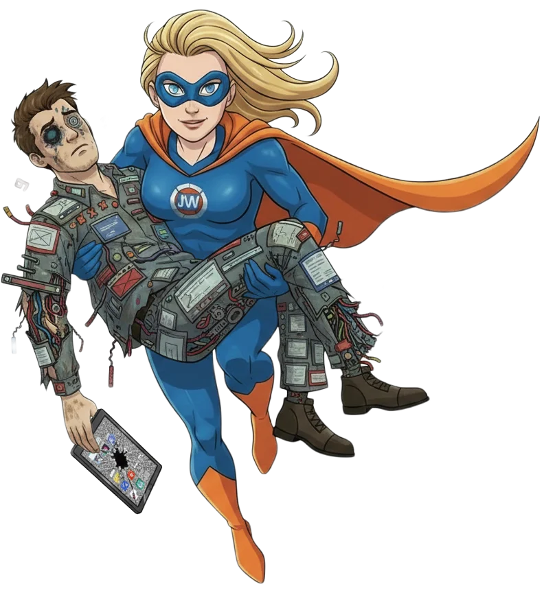 Jayne Wayne superhero rescuing a stressed website owner